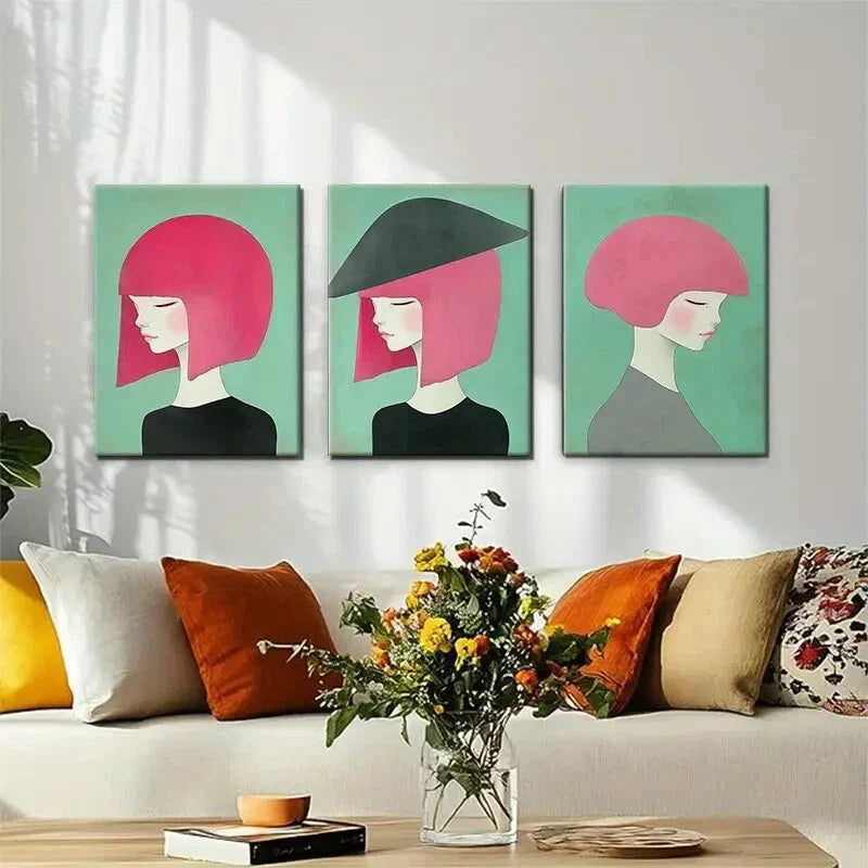 3pcs Pink-Haired Women Abstract Perfect Wall Art Set Canvas Framed 40x60cm - High Quality Print 100% Australian Made Wall Canvas Ready to Hang