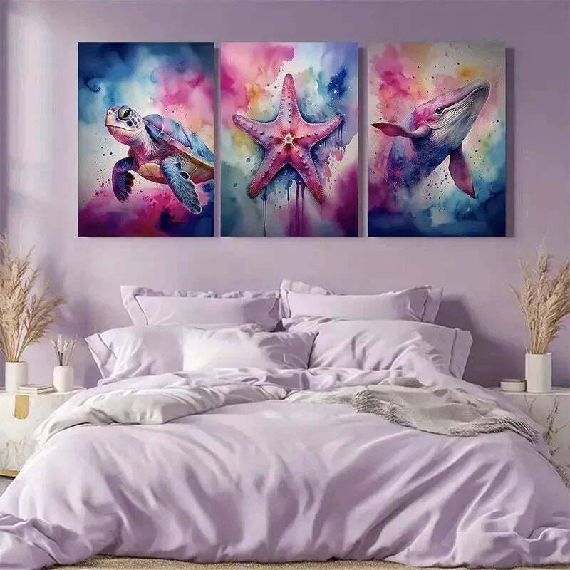 3pcs Whale Turtle & Starfish Marine Life Wall Art Set Canvas Framed 40x60cm - High Quality Print 100% Australian Made Wall Canvas Ready to Hang