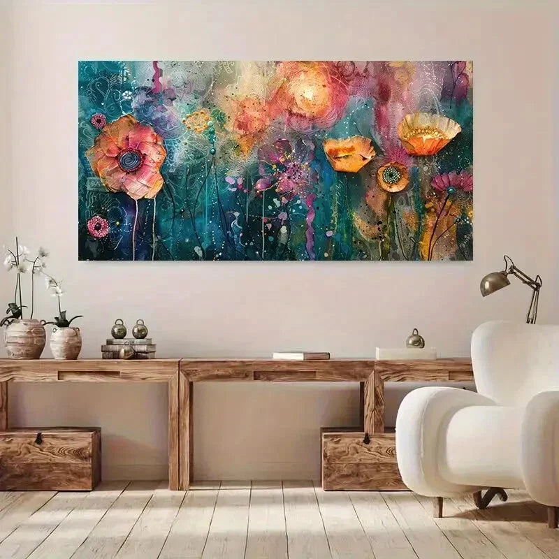 Abstract Floral Textured Colors Wall Art Canvas Office Home Room Framed 80x45cm