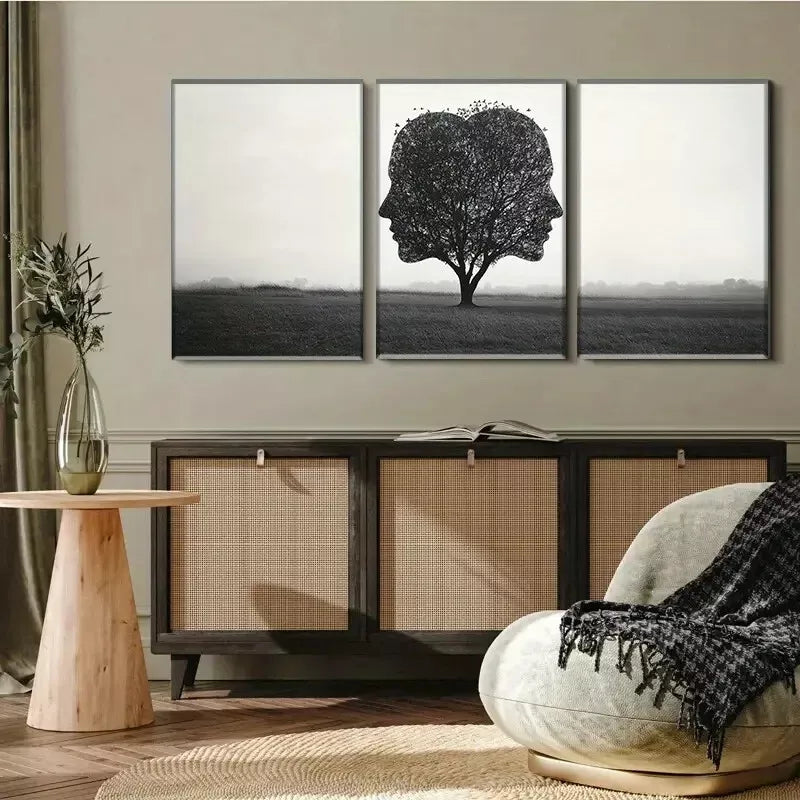 3pcs Silhouette Tree in Head Triptych Wall Art Set Canvas Framed 40x60cm - High Quality Print 100% Australian Made Wall Canvas Ready to Hang