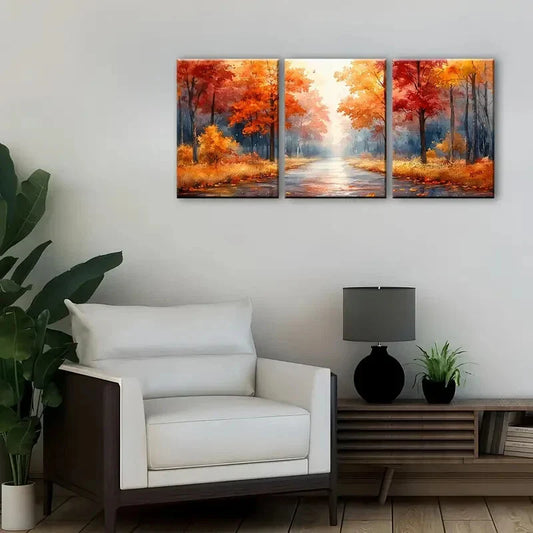 3pcs Vibrant Autumn Park Pathway  Wall Art Set Canvas Framed 40x60cm - High Quality Print 100% Australian Made Wall Canvas Ready to Hang