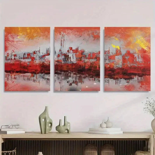 3pcs Vibrant Urban Landscape, Modern Abstract Metal Print Ready to Hang Art
