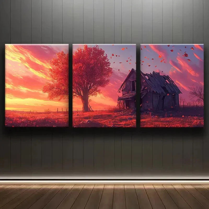 3pcs Rustic Dilapidated House Alone Sky Red Wall Art Set Canvas Framed 40x60cm - High Quality Print 100% Australian Made Wall Canvas Ready to Hang
