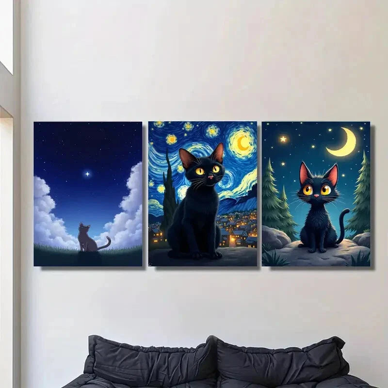 3pcs Starry Night Cat Vibrant Black Cat & Night Metal Print Ready to Hang Art