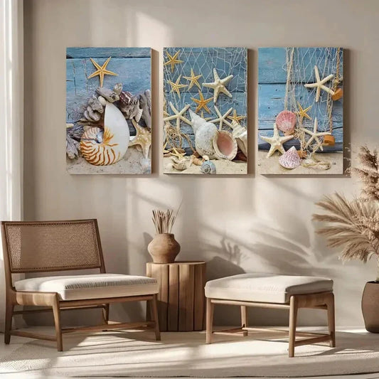 3pcs Starfish & Seashells Coastal Beach Metal Print Ready to Hang Art