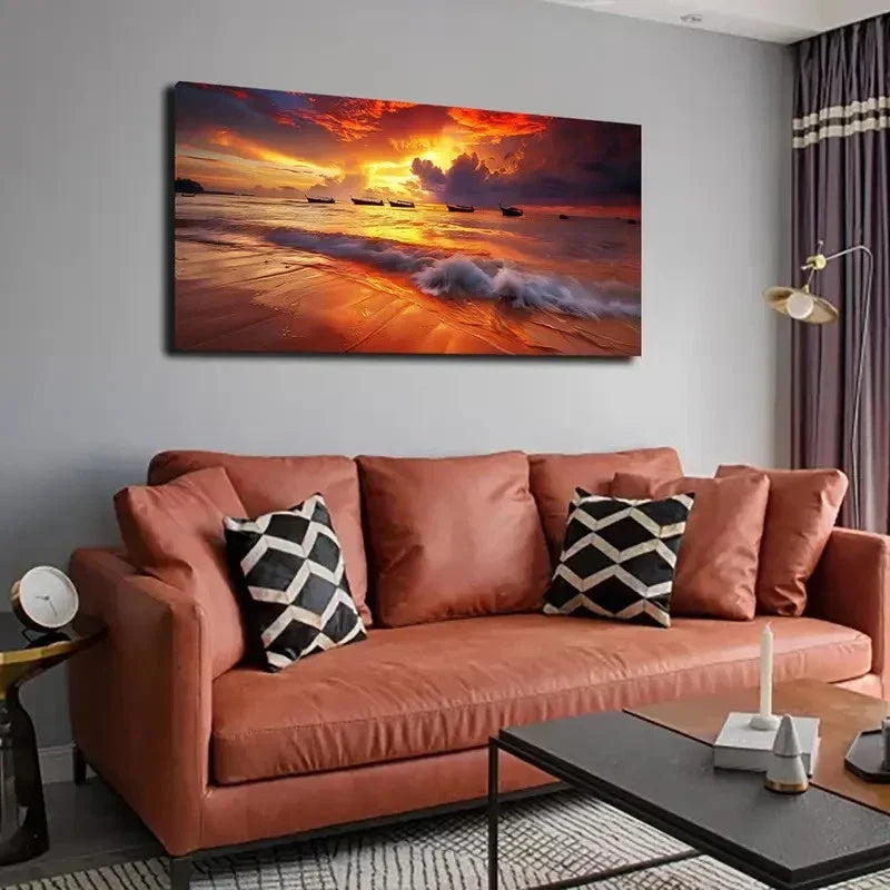 Sunset Sunrise Boat Seascape Wall Art Canvas Office Home Room Framed 80x45cm
