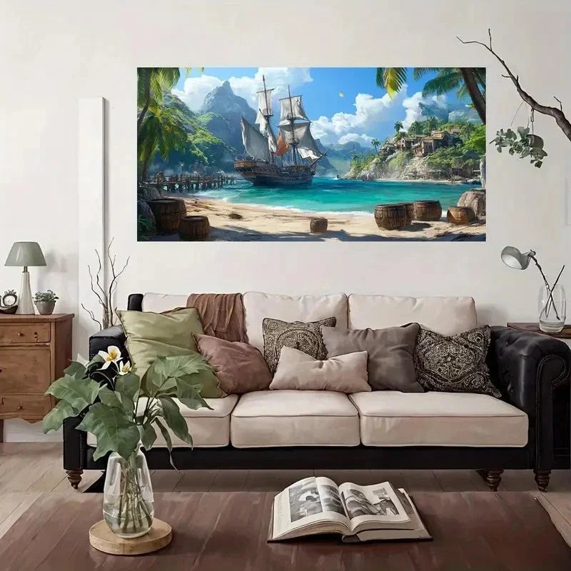 Pirate Ship Docked Tropical Wall Art Canvas Office Home Room Framed 120x60cm