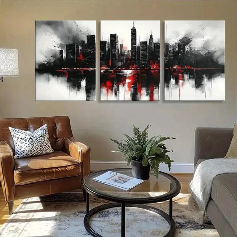 3pcs Red and Black Abstract Cityscape Perfect Wall Art Set Canvas Framed 40x60cm - High Quality Print 100% Australian Made Wall Canvas Ready to Hang