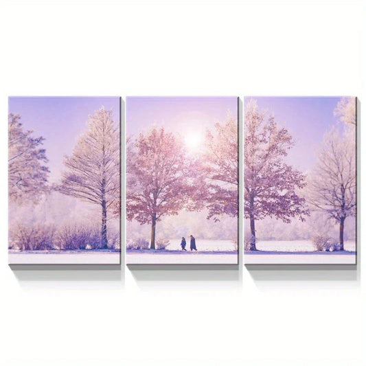 3pcs Light Purple Themed Tall Trees Sun Shine Metal Print Ready to Hang Art