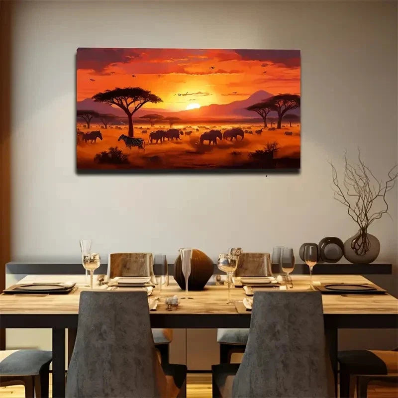 African Sunset Elephant Wall Art Canvas Office Home Room Framed 80x45cm