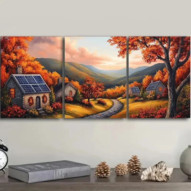 3pcs Autumn Sun House Waterproof Nature Perfect Wall Art Set Canvas Framed 40x60cm - High Quality Print 100% Australian Made Wall Canvas Ready to Hang
