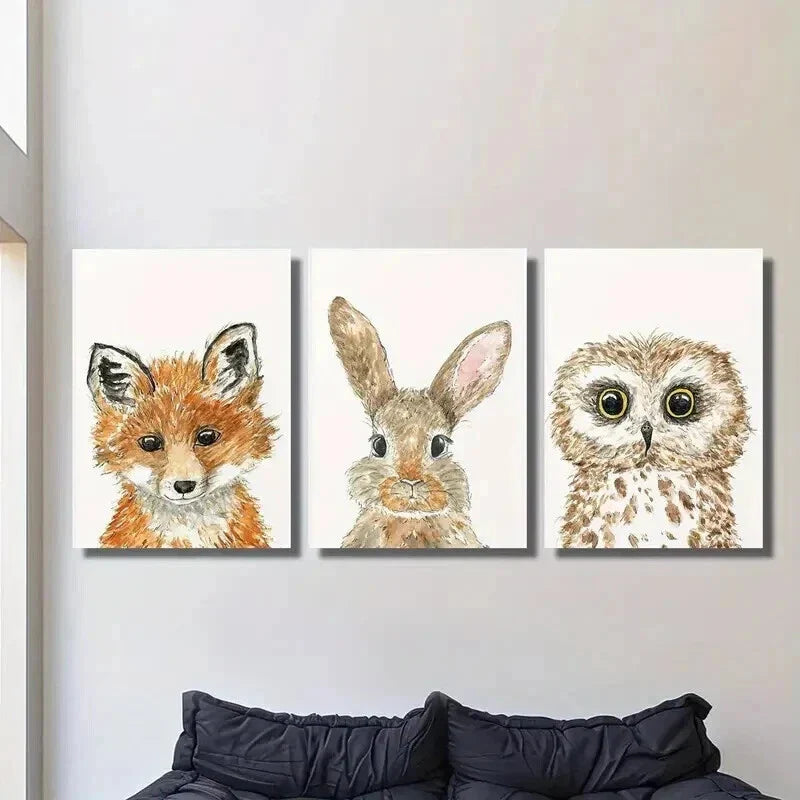 3pcs Cute Fox Rabbit & Owl on White Background Wall Art Set Canvas Framed 40x60cm - High Quality Print 100% Australian Made Wall Canvas Ready to Hang