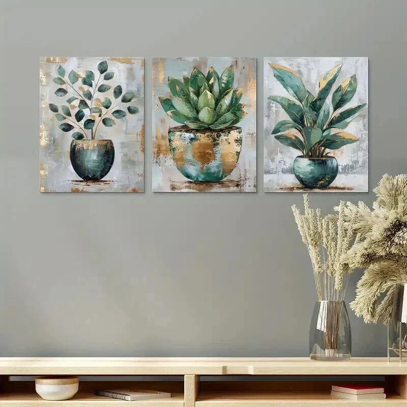 3pcs Green Botanical Succulent Paintings Wall Art Set Canvas Framed 40x60cm - High Quality Print 100% Australian Made Wall Canvas Ready to Hang