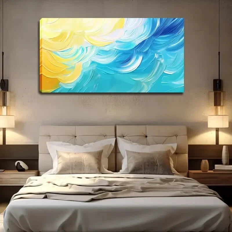 Vibrant Blue & Yellow Swirls Wall Art Canvas Office Home Room Framed 80x45cm