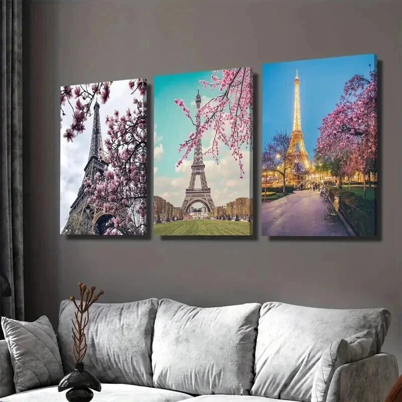 3pcs Beautiful Eiffel Tower Triptych Landscape Wall Art Set Canvas Framed 40x60cm - High Quality Print 100% Australian Made Wall Canvas Ready to Hang