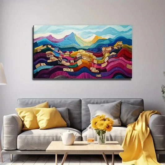 Abstract Village Mountain Wall Art Canvas Office Home Room Framed 120x60cm