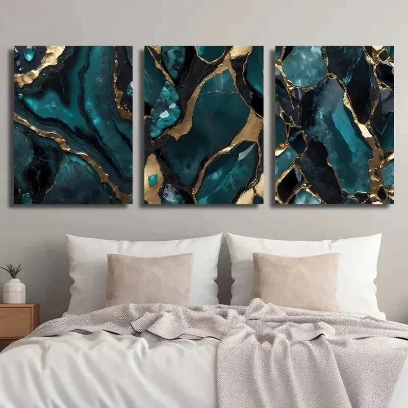 3pcs Stylish Blue & Golden Marble Fluid Decor Wall Art Set Canvas Framed 40x60cm - High Quality Print 100% Australian Made Wall Canvas Ready to Hang