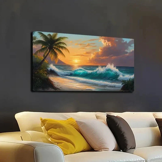Tropical Beach Scene with Palm Wall Art canvas office home room framed 120x60cm