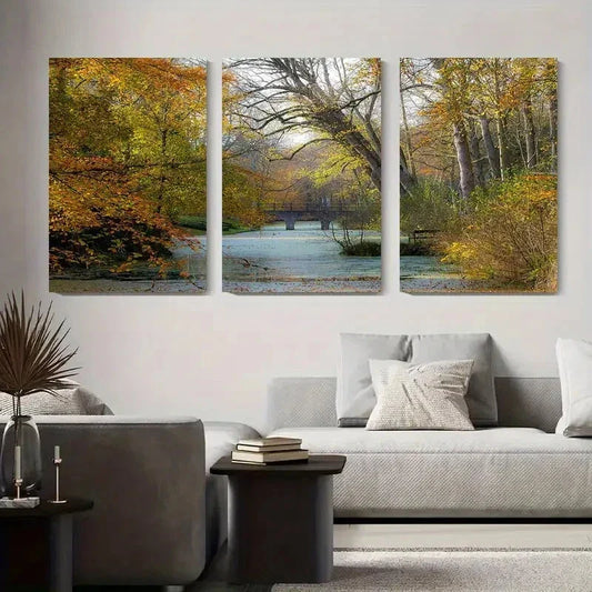 3pcs Autumn Forest Bridge Scenic Nature Landscape Metal Print Ready to Hang Art