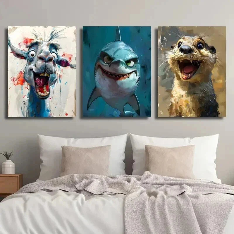 3pcs Cartoon Funny Camel Shark Otter Wall Art Set Canvas Framed 40x60cm - High Quality Print 100% Australian Made Wall Canvas Ready to Hang