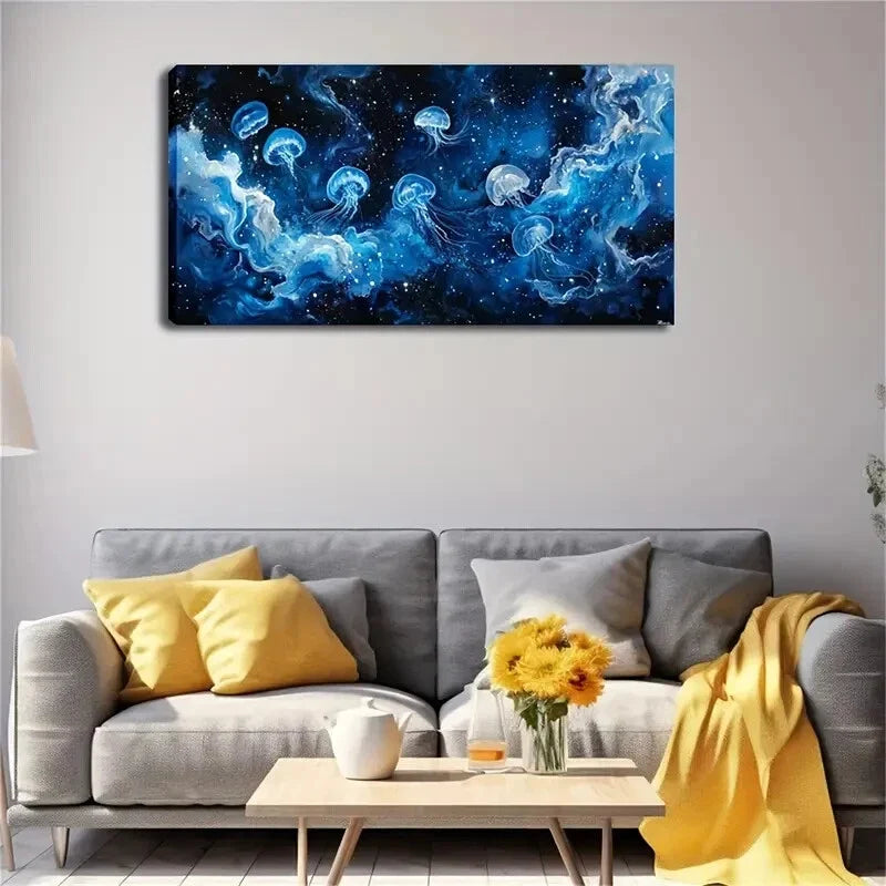 Realistic Jellyfish Blue Light Wall Art Canvas Office Home Room Framed 120x60cm