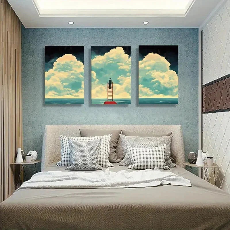 3pcs Surreal Cloudy Landscape with Man Perfect Wall Art Set Canvas Framed 40x60cm - High Quality Print 100% Australian Made Wall Canvas Ready to Hang