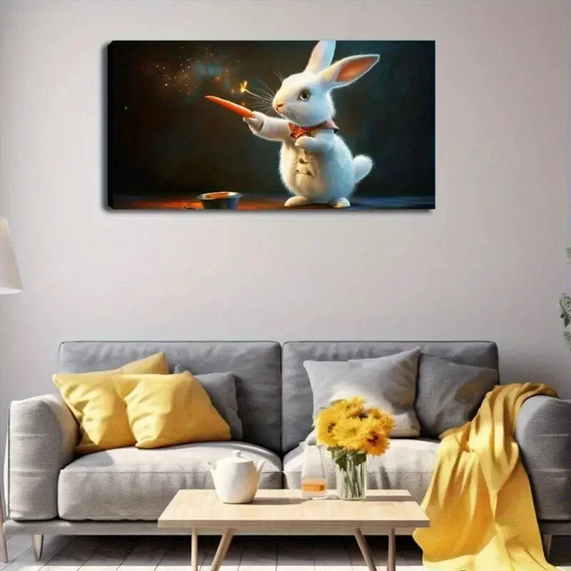 Whimsical White Rabbit in Red Wall Art Canvas Office Home Room Framed 80x45cm