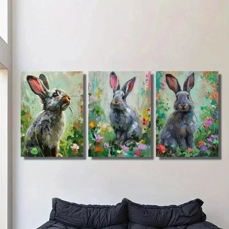 3pcs Silver Bunnies in Wildflowers Wall Art Set Canvas Framed 40x60cm - High Quality Print 100% Australian Made Wall Canvas Ready to Hang