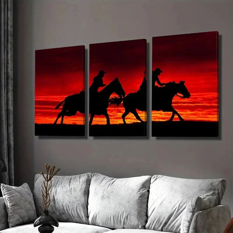 3pcs Silhouette Cowboy Horse Riding Sunset Wall Art Set Canvas Framed 40x60cm - High Quality Print 100% Australian Made Wall Canvas Ready to Hang