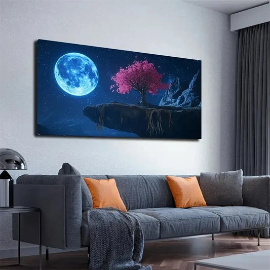 Vibrant Blue Moon & Pink Wall Art canvas office home room framed 120x60cm
