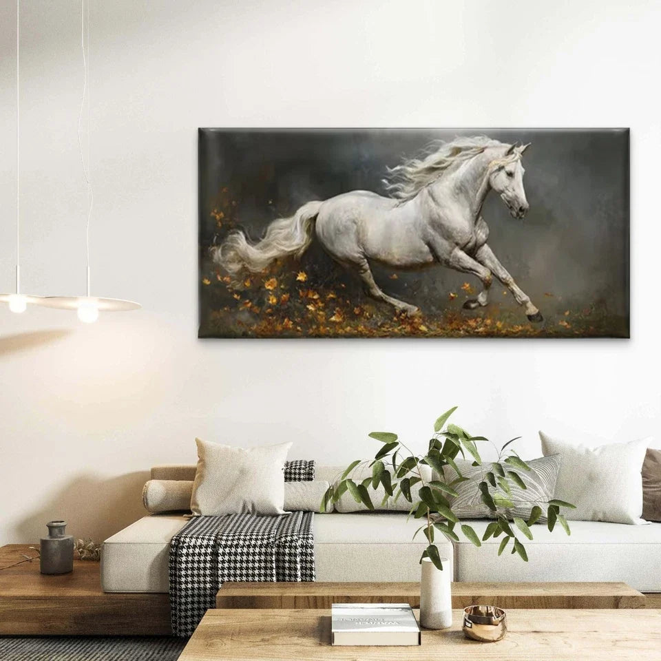 Stallion with Golden Leaves Wall Art Canvas Office Home Room Framed 80x45cm