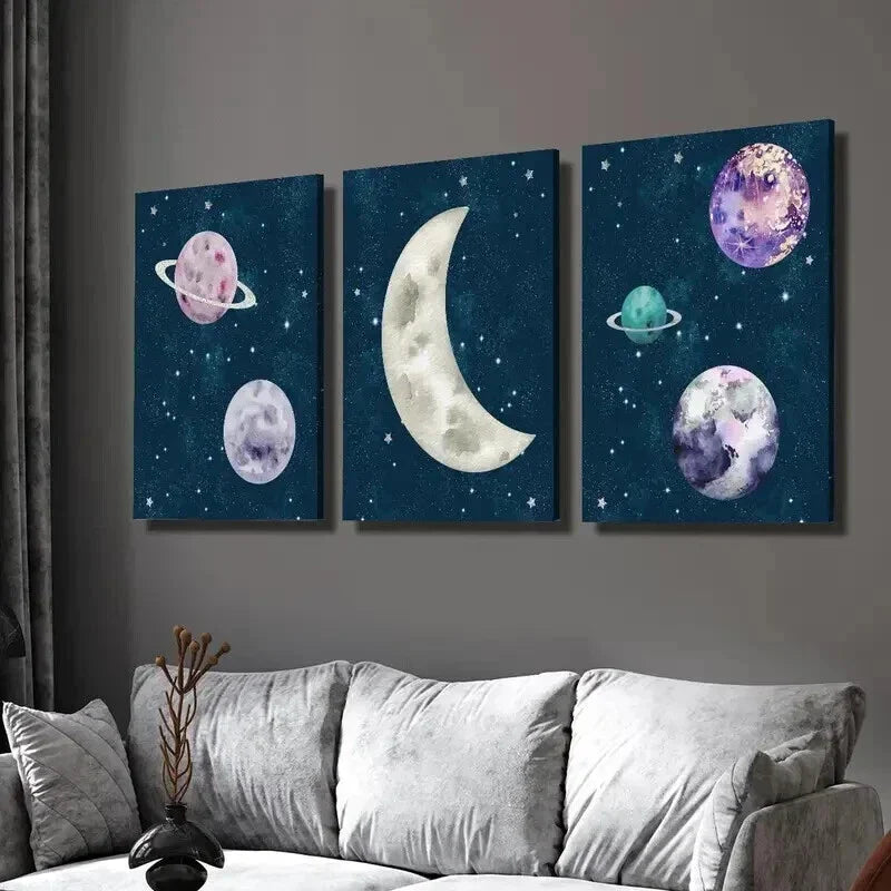 3pcs Galaxy Space Planet Moon & Stars Wall Art Set Canvas Framed 40x60cm - High Quality Print 100% Australian Made Wall Canvas Ready to Hang