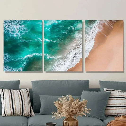 3pcs Modern Coastal Landscape with Turquoise Metal Print Ready to Hang Art
