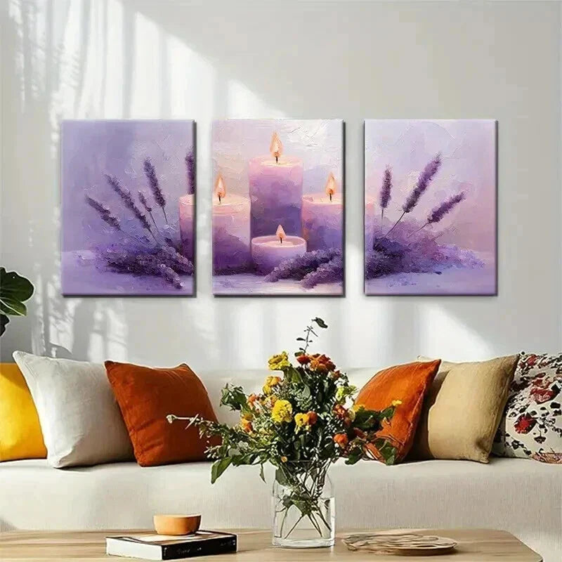 3pcs Purple Candles and Flowers Decor Wall Art Set Canvas Framed 40x60cm - High Quality Print 100% Australian Made Wall Canvas Ready to Hang