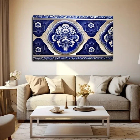 Chinese Blue And White Wall Art Canvas Office Home Room Framed 120x60cm