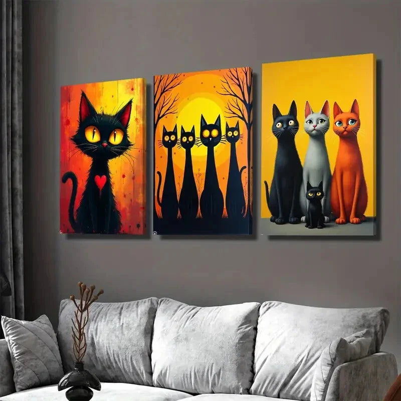3pcs Black Cat Family Picture Modern Wall Art Set Canvas Framed 40x60cm - High Quality Print 100% Australian Made Wall Canvas Ready to Hang