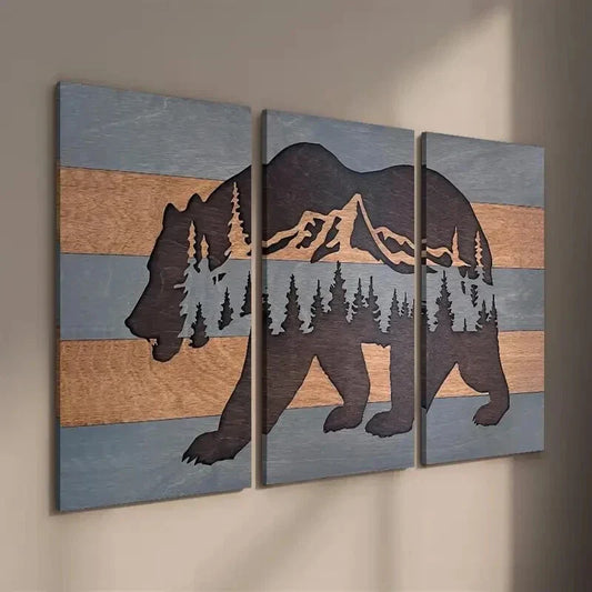 3pcs Woodcut Style Tree Forest Bear Wall Art Set Canvas Framed 40x60cm - High Quality Print 100% Australian Made Wall Canvas Ready to Hang