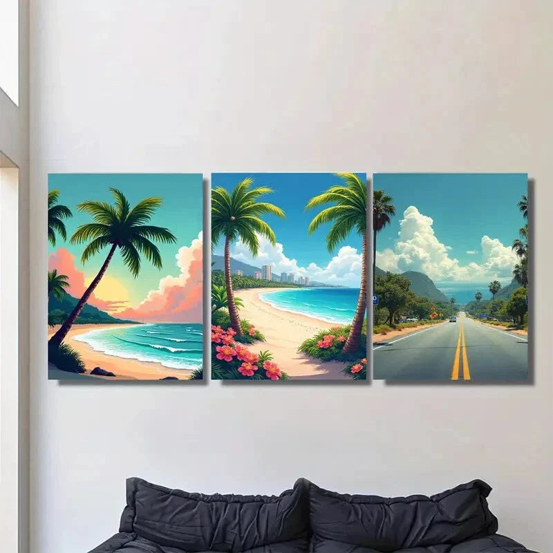 3pcs Tropical Beach Sunset Vibrant Coastal Metal Print Ready to Hang Art