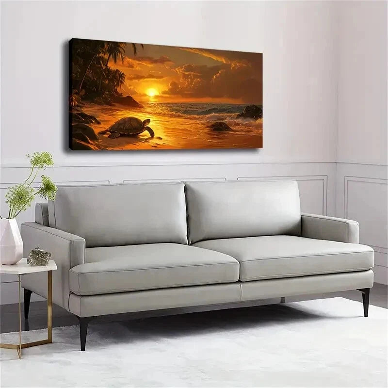 Turtle on the Beach At Sunset Wall Art Canvas Office Home Room Framed 120x60cm