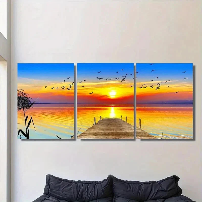 3pcs Panel Sunset Dock Triptych Vibrant Orange Metal Print Ready to Hang Art