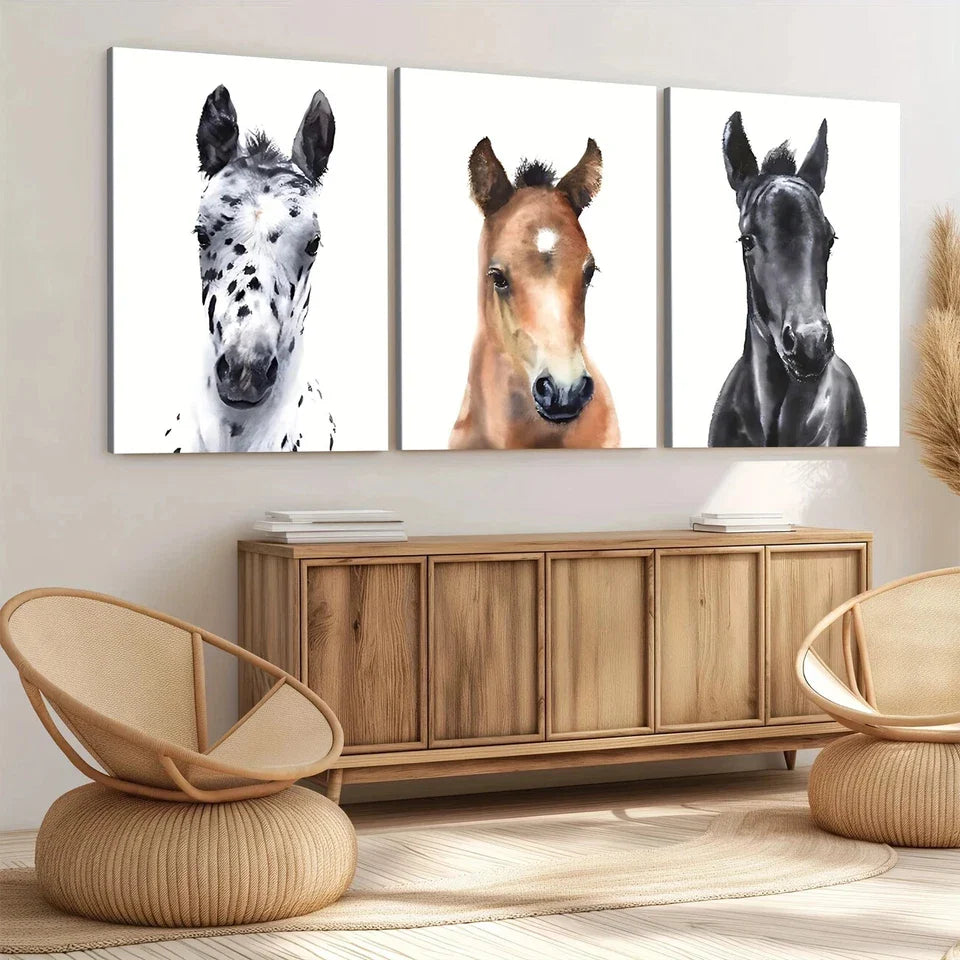 3pcs Chic Horse Modern Animal White Brown Black Wall Art Set Canvas Framed 40x60cm - High Quality Print 100% Australian Made Wall Canvas Ready to Hang