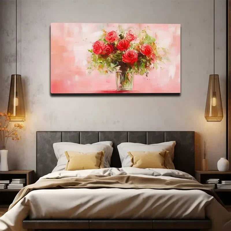 Red Rose Vase With Pink Roses Wall Art canvas office home room framed 120x60cm