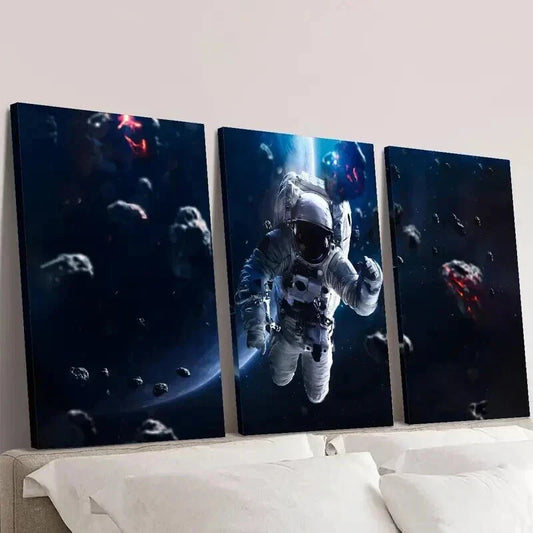 3pcs Astronaut Space Travelling Blue Planet Wall Art Set Canvas Framed 40x60cm - High Quality Print 100% Australian Made Wall Canvas Ready to Hang