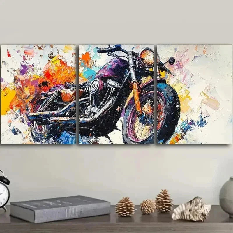 3pcs Abstract Oil Motorcycle Colorful Perfect Wall Art Set Canvas Framed 40x60cm - High Quality Print 100% Australian Made Wall Canvas Ready to Hang