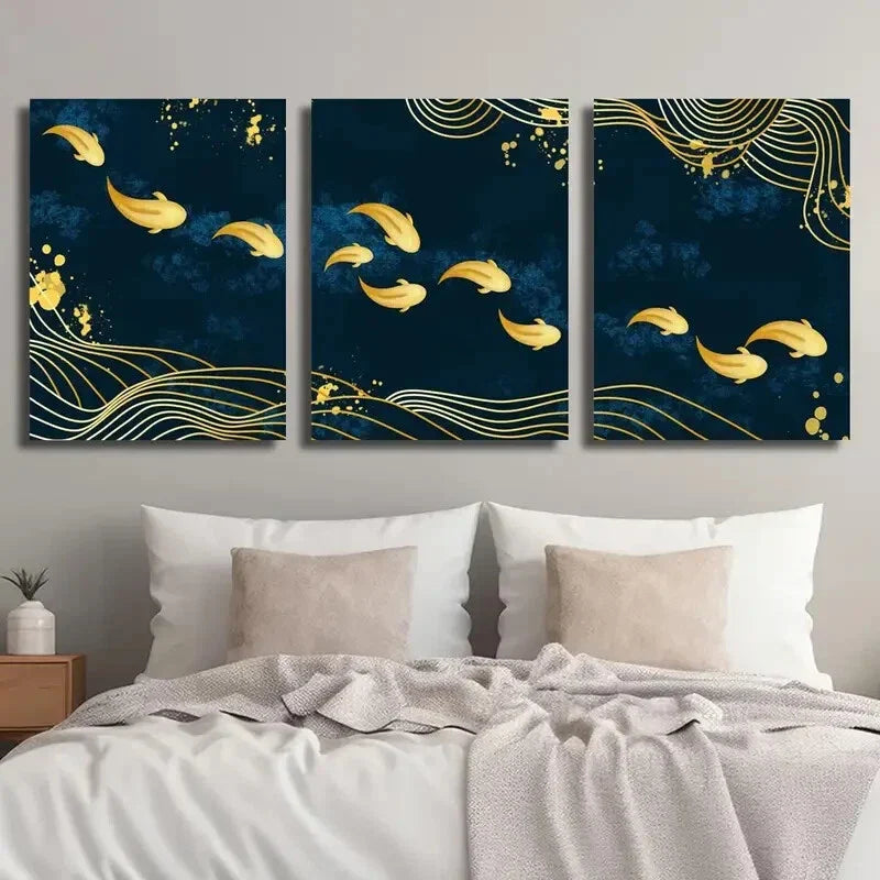 3pcs Navy blue and Golden Fish Wall Art Set Canvas Framed 40x60cm - High Quality Print 100% Australian Made Wall Canvas Ready to Hang