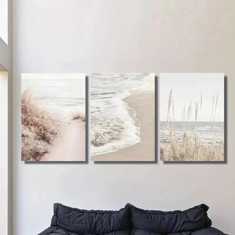 3pcs Sand Dunes Ocean Waves and Golden Grass Wall Art Set Canvas Framed 40x60cm - High Quality Print 100% Australian Made Wall Canvas Ready to Hang