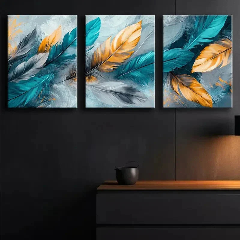 3pcs Turquoise Feather Abstract Blue Perfect Wall Art Set Canvas Framed 40x60cm - High Quality Print 100% Australian Made Wall Canvas Ready to Hang