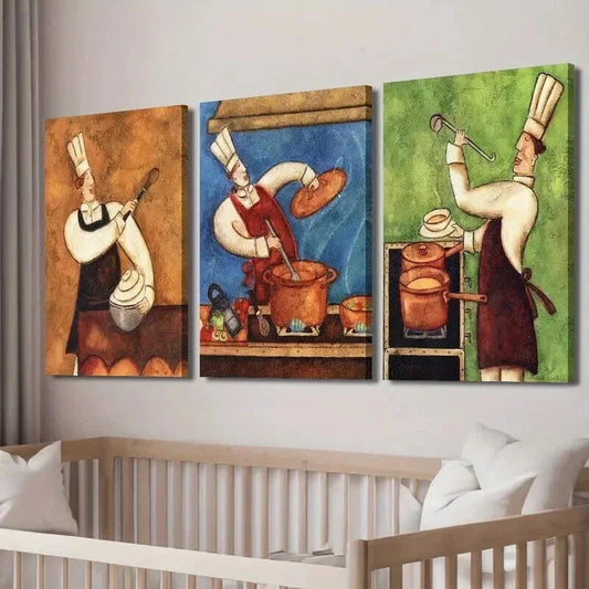 3pcs Vibrant Retro Chef Cooking-Themed Wall Art Set Canvas Framed 40x60cm - High Quality Print 100% Australian Made Wall Canvas Ready to Hang