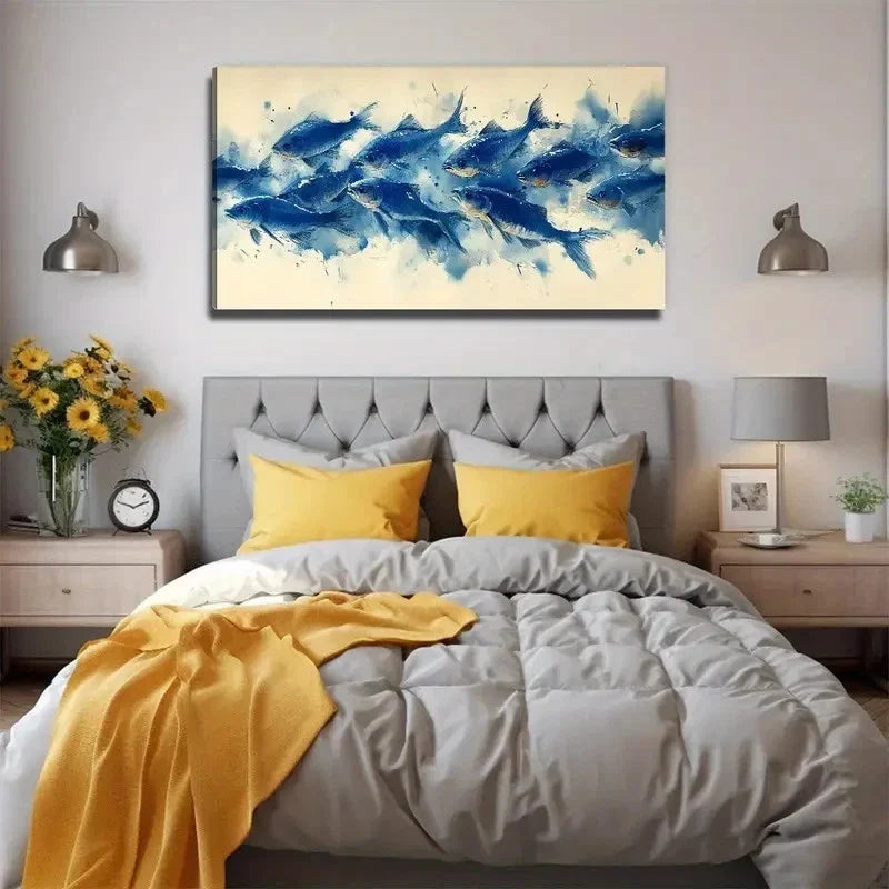 Blue Fish School Suitable Wall Art Canvas Office Home Room Framed 120x60cm