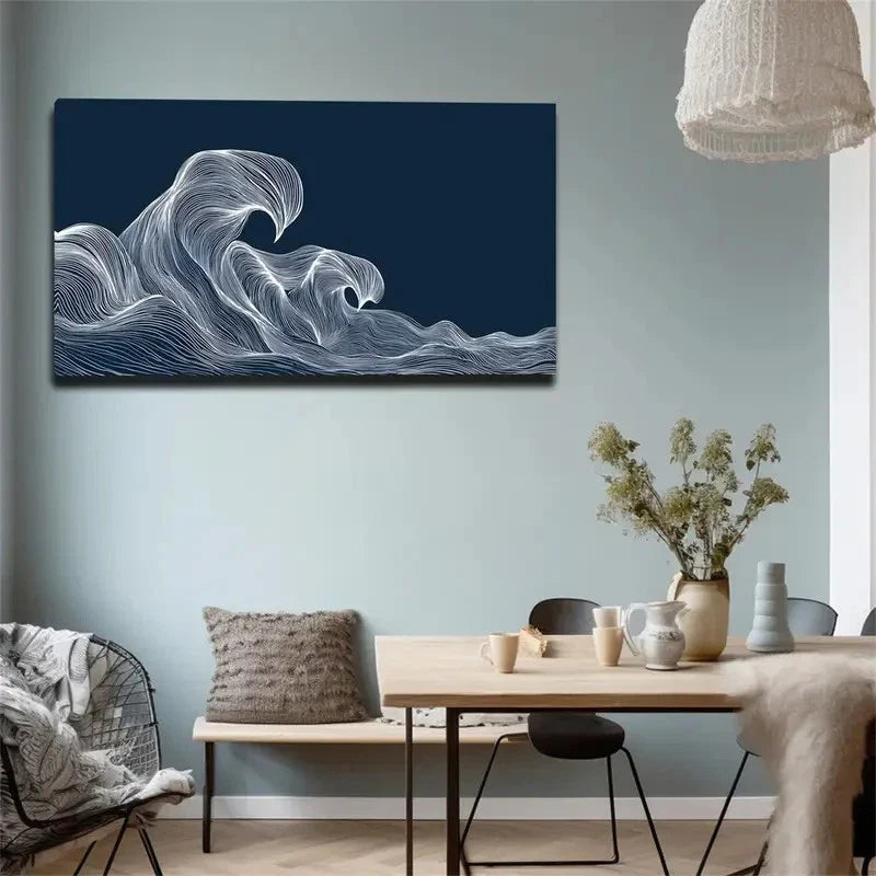 Dark Blue & White Line-Drawn Wall Art Canvas Office Home Room Framed 80x45cm
